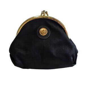 Vtg Nipon Black Micro Mini Clutch Coin Purse Mirror Gold Clam Ribbed 40s Minimal
